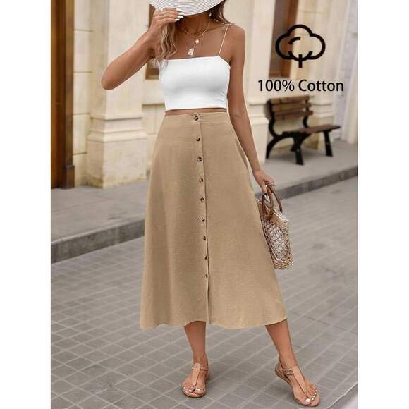Dresses & Skirts - VCAY Solid Color High Waist Single-Breasted A-Line Midi Sk